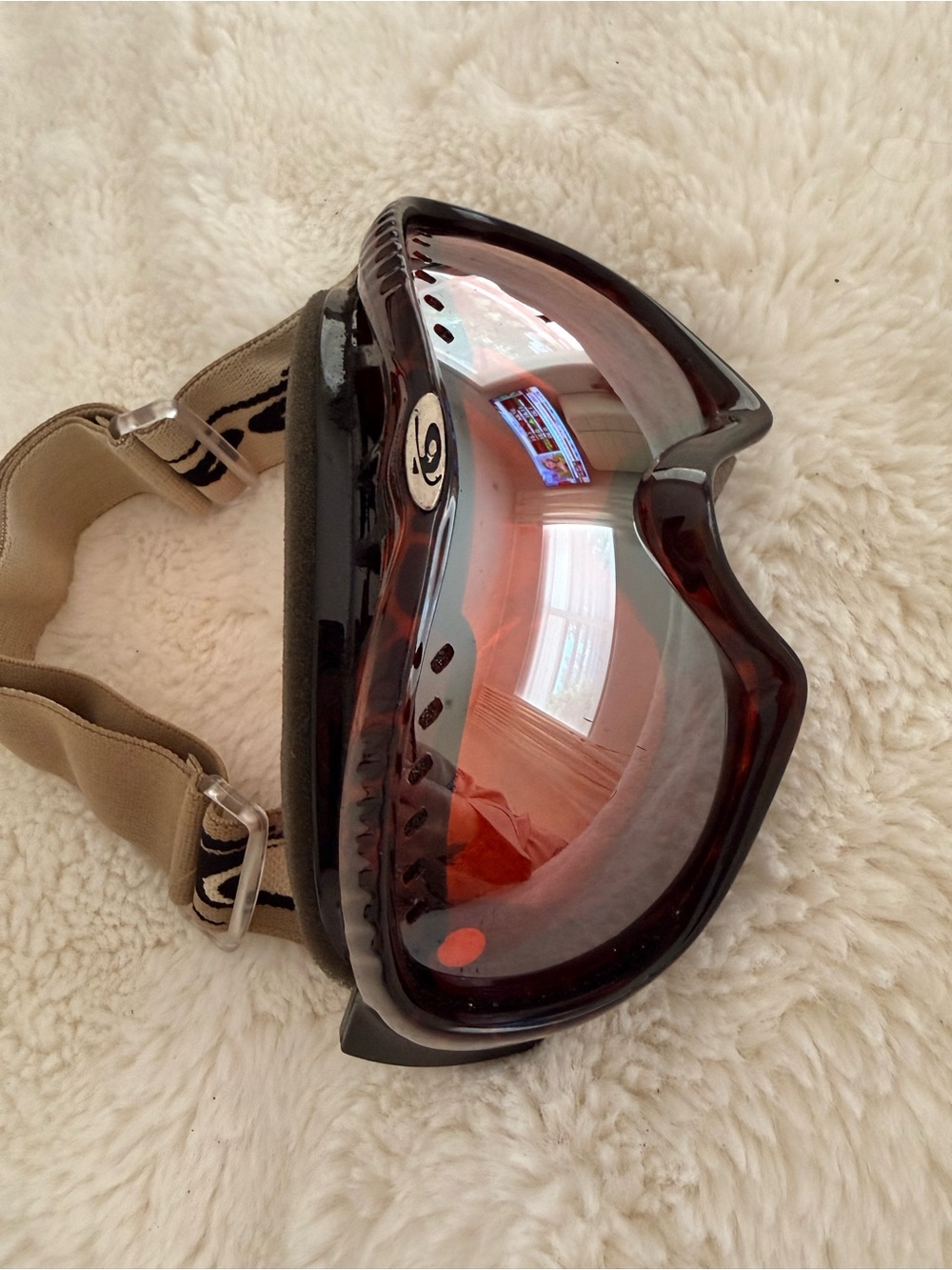 Oakley Snow Goggles with Red Lens and Beige Strap